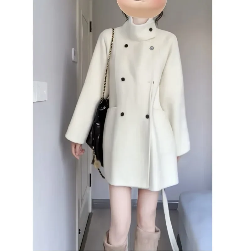 Элегантное шерстяное пальто средней длины белое корейское для женщин осень/зима