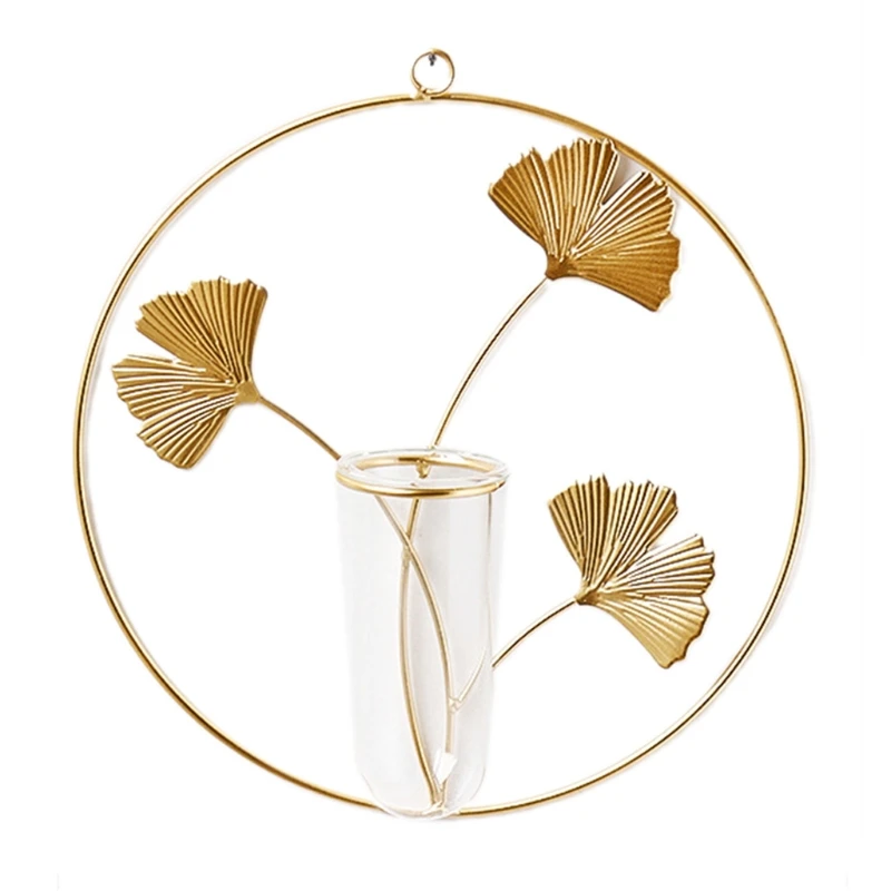 

for Creative Wall Hanging Plants Vase with Metal Ginkgo Leaf Frame Stand Geometric Glass Test Tube Hydroponic Planters Terrarium