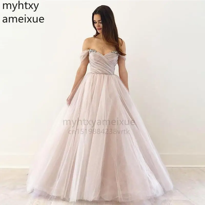 

Long Sexy Blush Pink Customprom Dresses Off Shoulder Pleats Tulle Full Length Women Formal Party Dress Elegant Gowns Plus Size