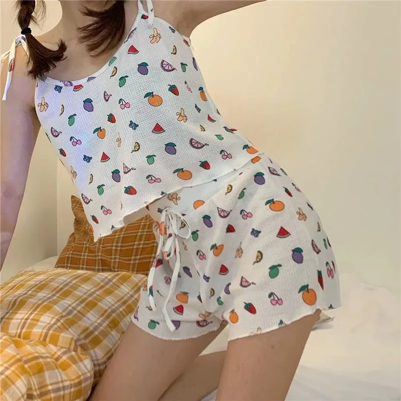 Pajamas for Women Summer Cute Fruit Print  Pijamas Plus Size Sling Pyjamas Loose Comfortable Sleepwear Tow Piece Sets Home Suit