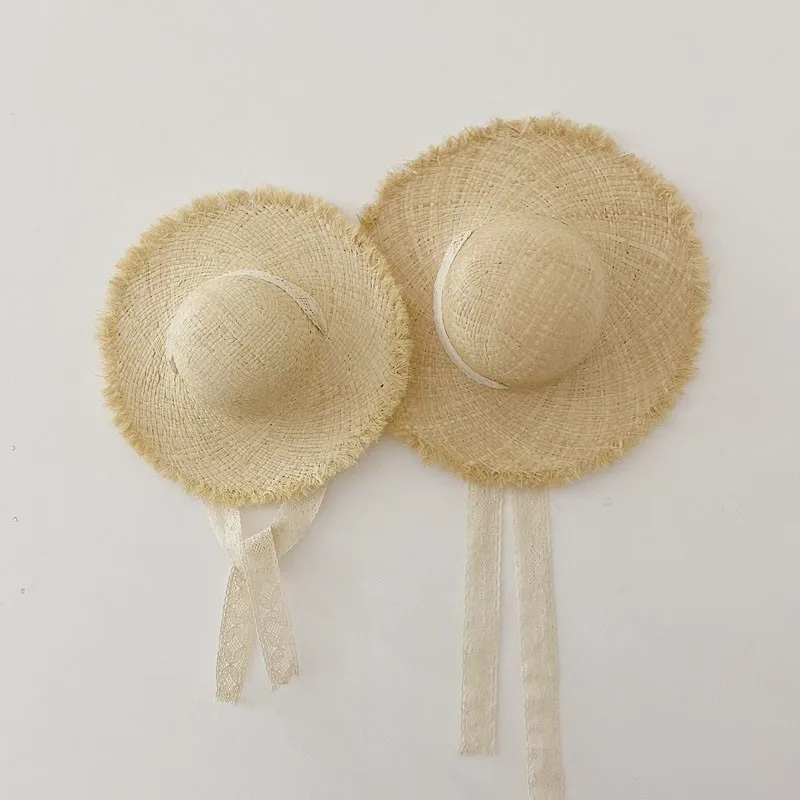 

Cute Children Sun Hats Lace Hand Made Straw Beach Brim Girls Lace Windproof Cord Beach Sun Hat Mother And Daughter Hat