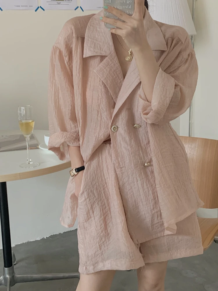 

Женский костюм из двух предметов, модный однотонный Тонкий Свободный Повседневный женский костюм, рубашка, пиджак и шорты, лето 2022