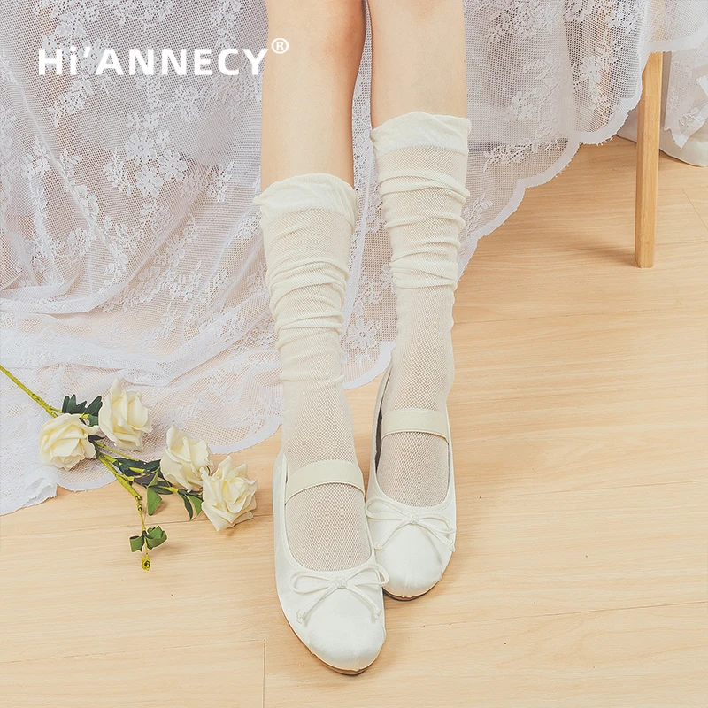 HIANNECY Original Lovely Lace Girl's Black Socks Summer Ultra-thin Silk White Socks JK Mesh stockings Lovely Lolita Student