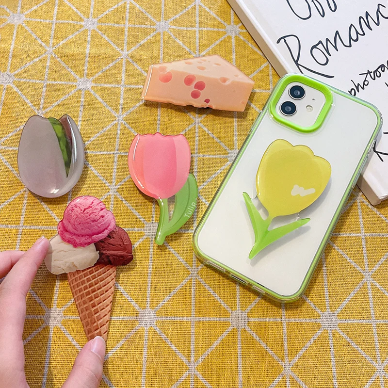 

Pretty Sweet Pistachio Ice Cream Cheese Tulip Acrylic Grip Tok Stretch Phone Holder Finger Ring Socket Foldable Universal