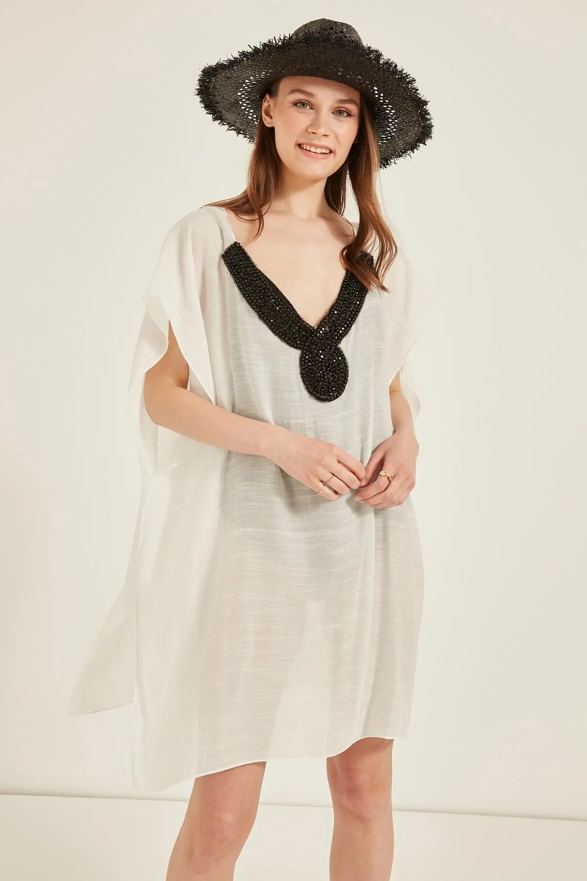

Women's Pareo Black Stone White Swimwear Cover Up Dress Sexy Tunic Suit Beachwear Female Beach Bikini Cover Loose Mini Dress