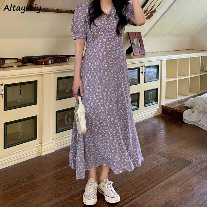 Short Sleeve Dresses Women Summer Floral V-Neck Young High Waist Sweet Casual New Arrival Popular Chic Cute Student Korean Style