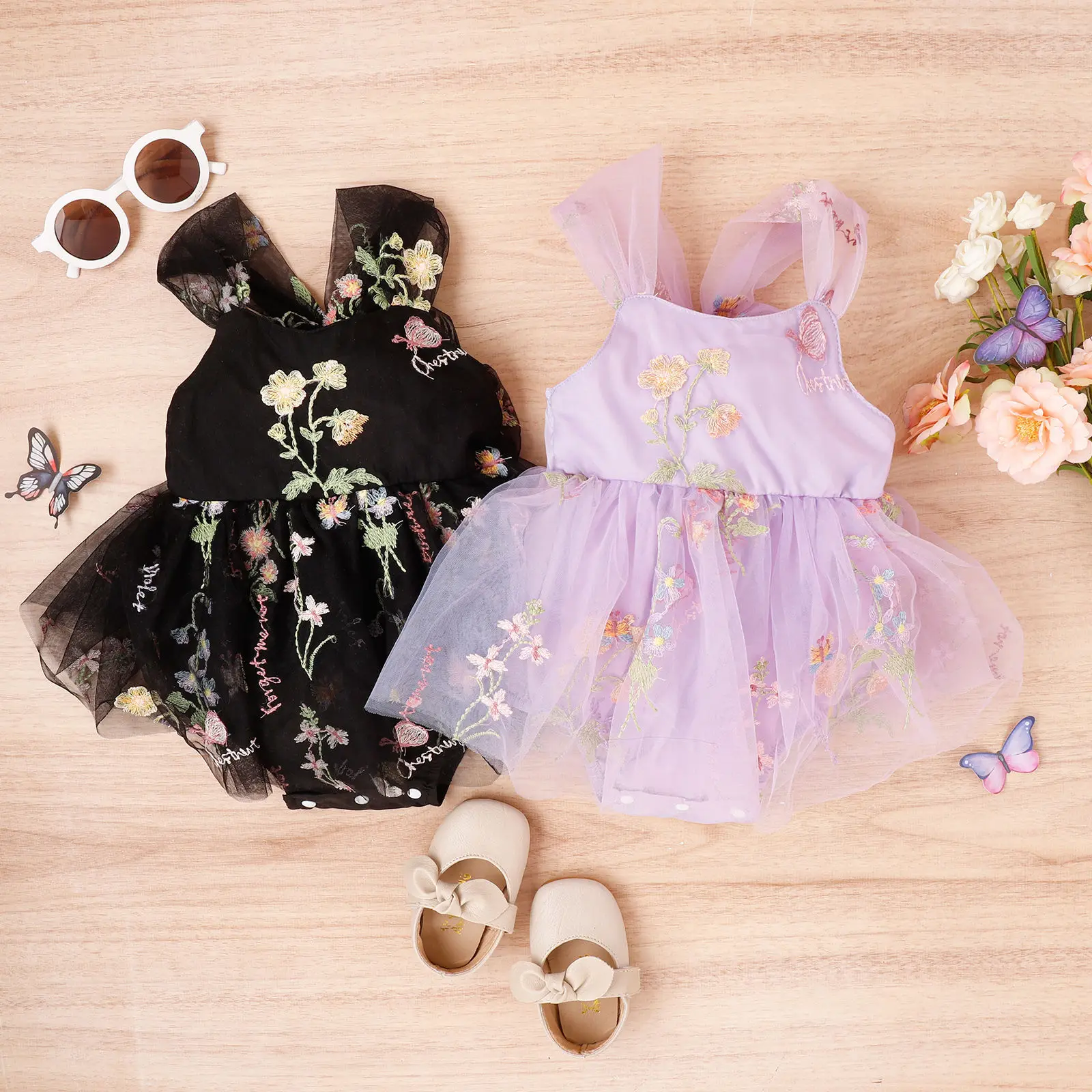 Big Bow Baby Dress Lovely Summer Infant Baby Girl Clothes Flower Embroidered Mesh Dress Toddler Jumpsuit Newborn Clothing 0-12M