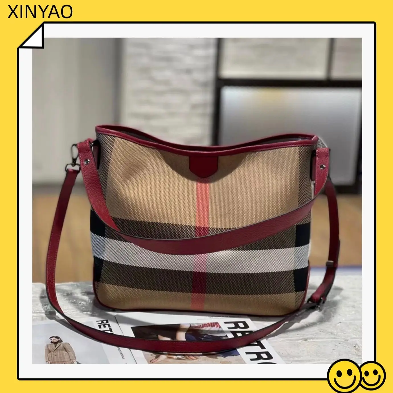 

High End Plaid Genuine Leather Women's Crossbody Bag Trendy and Fashionable Water Bucket Bag Shoulder Bag