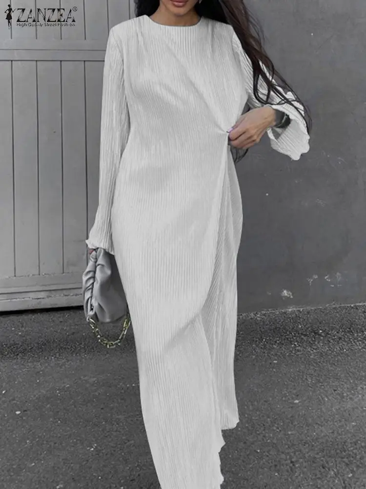 

Элегантное Длинное Платье ZANZEA с длинным рукавом, модное шикарное платье макси, уличная одежда, женские платья, стильное осеннее плиссированное платье с круглым вырезом