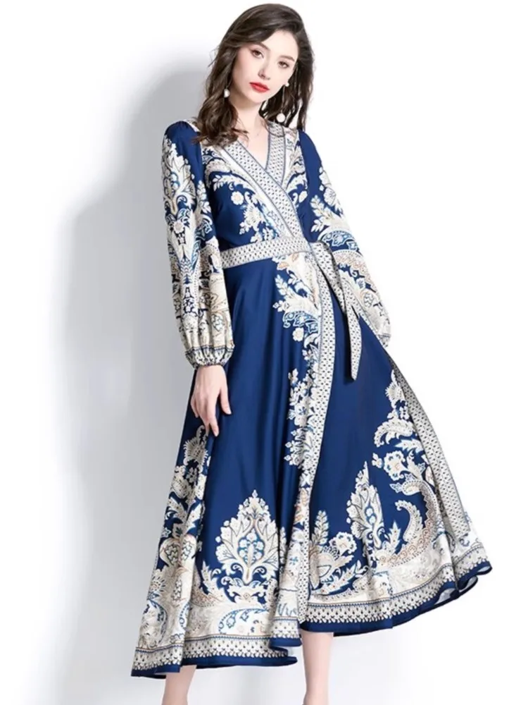 

Платье женское длинное с V-образным вырезом и винтажным принтом