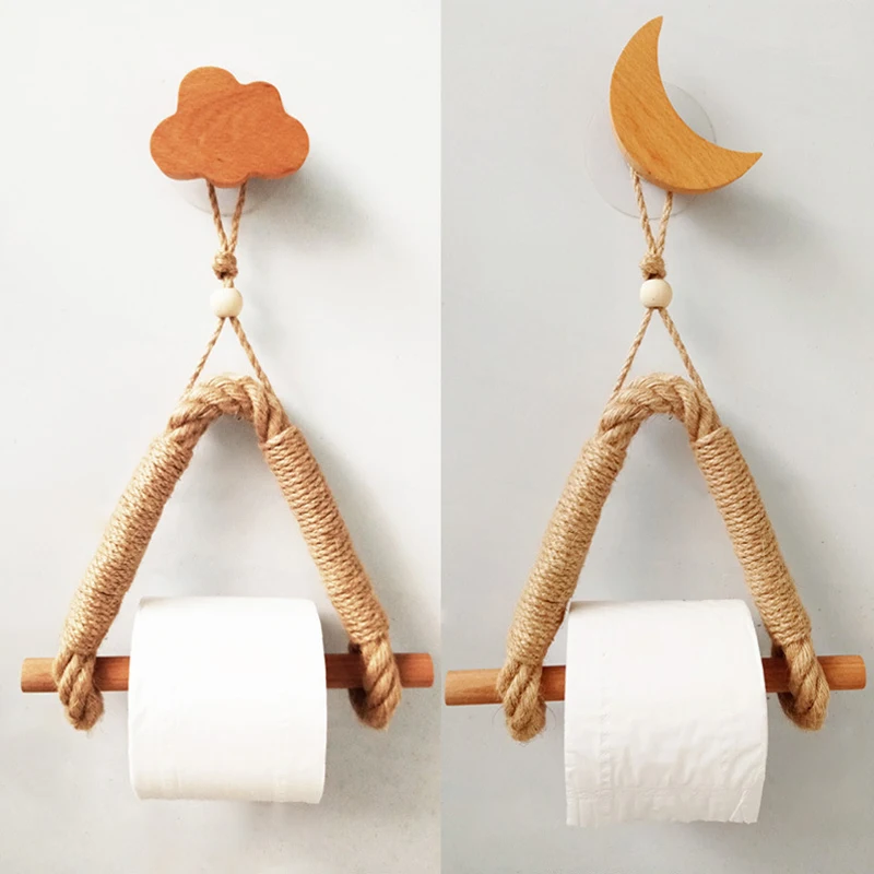 

Wooden Hemp Rope Tissue Rack Toilet Roll Paper Shelf Bathroom Organizer Wall Hanging Storage Bars Decorate Hook No Punching