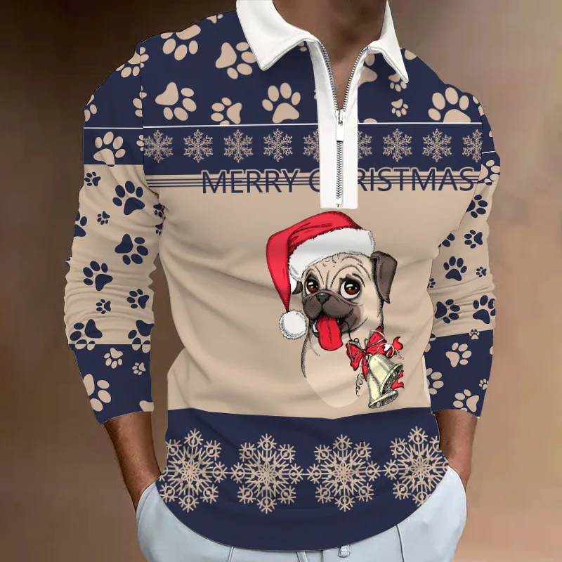 

Christmas Men's Casual Autumn Long Sleeve Polo Shirts Men Male Zip Tee Shirt Men Tops Street Golf Clothing Clothes For Men 2022