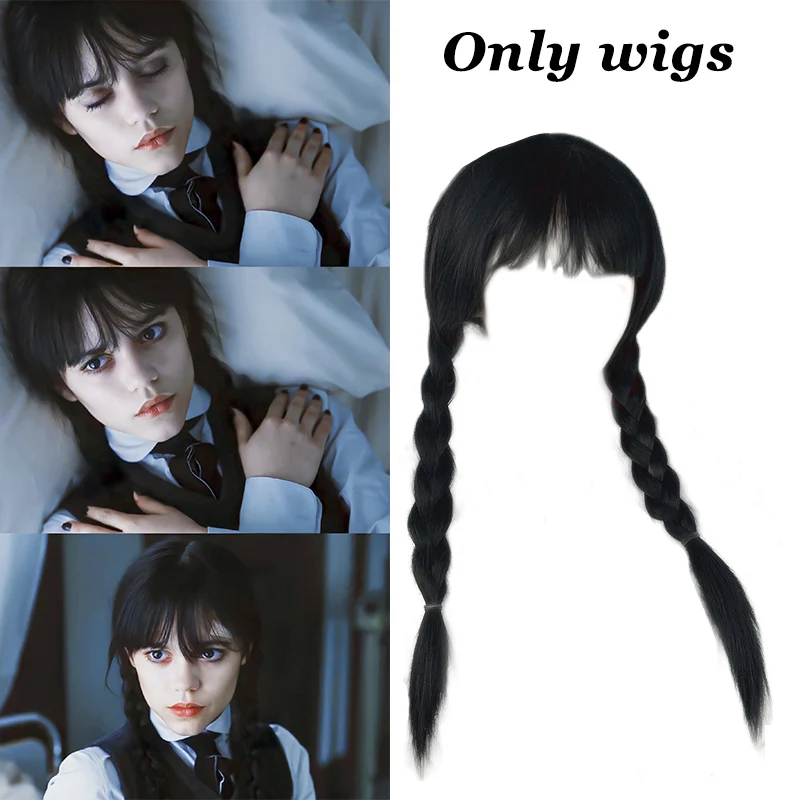 

Wednesday Addams Cosplay Wig Long Black Braids Hair with Bangs High Synthetic Resistant Synthet Braided Wig for Halloween Party