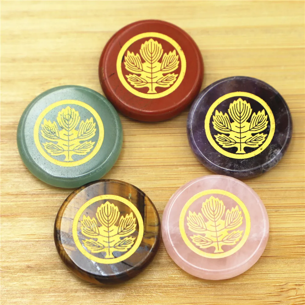 

6pcs Natural Stone Bronzing Maple Leaf Crystal Round Stone Reiki Collection Display Sample Home Desk Decoration Gift