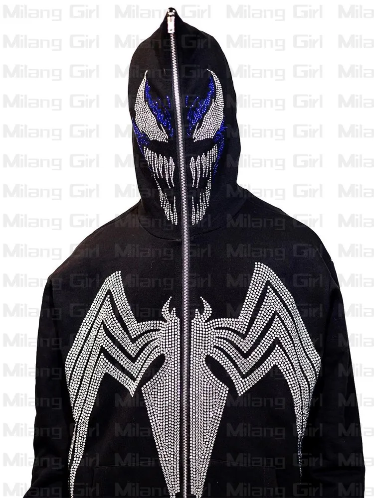 

Rhinestone Spider print Oversized Hoodie Men's Zip Hoodie Hip hop Streetwear Gothic Harajuku Punk Grunge Y2k Sweatshirt Jacket