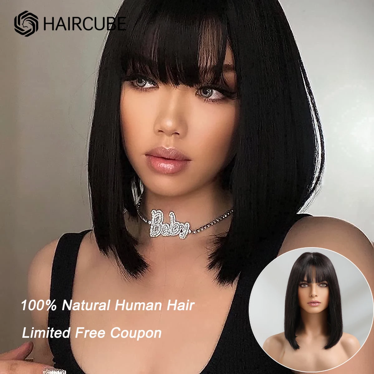 

Парик HAIRCUBE из черных человеческих волос для женщин, прямые волосы с челкой, длина плеч, полностью машинная работа, натуральные человеческие ...