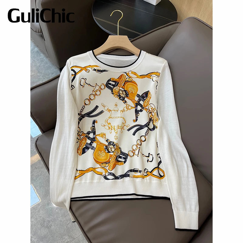 

3.14 GuliChic Casual Round Neck Long Sleeve Print Contrast Color Silk Wool Knitted Pullover Women