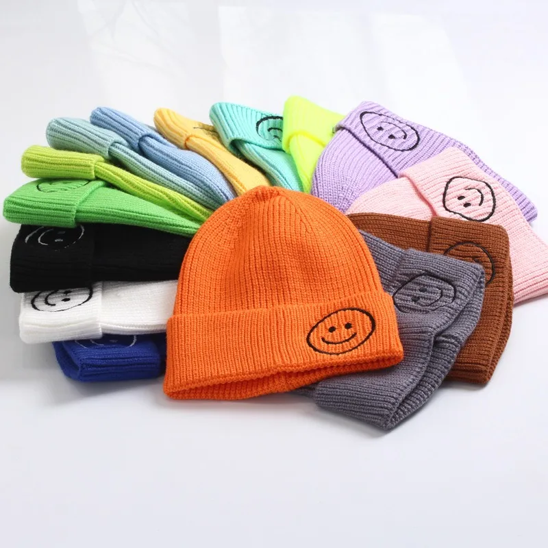 

Baby Hat Solid Color Boy Girl Cartoon Smile Embroidery Winter Kids Knitted Hats Children Warm Beanies Child Caps For Babies