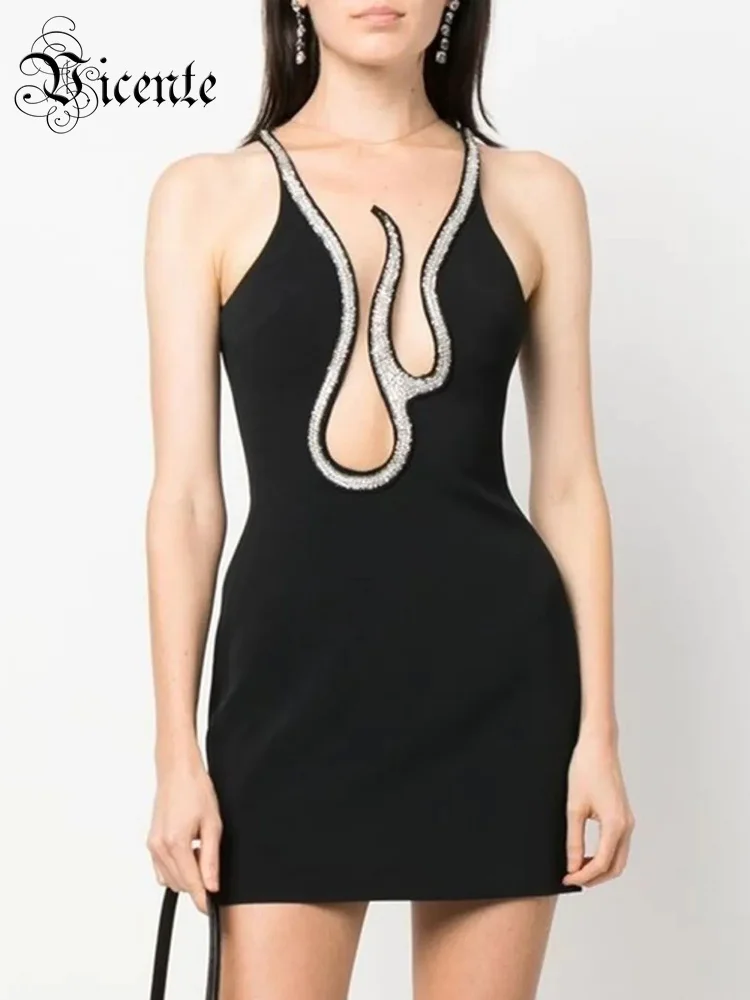 VC Crystal Design Mini Dress Women Sexy Sleeveless Mesh Splicing Bandage Black Dress Summer 2022 New Trendy
