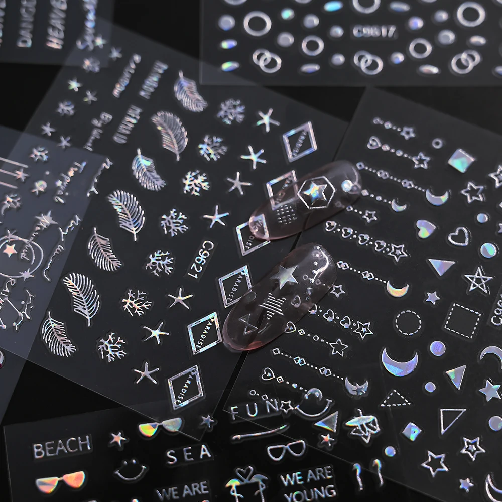 30 листов алмазный дизайн наклейки для ногтей лазерные Серебряные звезды сердце 5