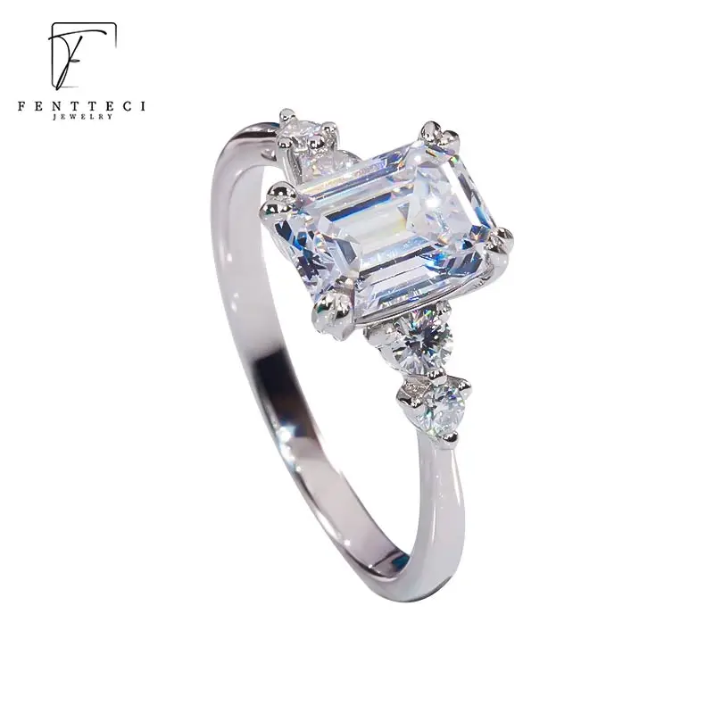FENTTECI S925 Sterling Silver Platinum Plated Moissanite Ring Emerald Cut Ring Fine Luxury Jewelry for Women Engagement Wedding