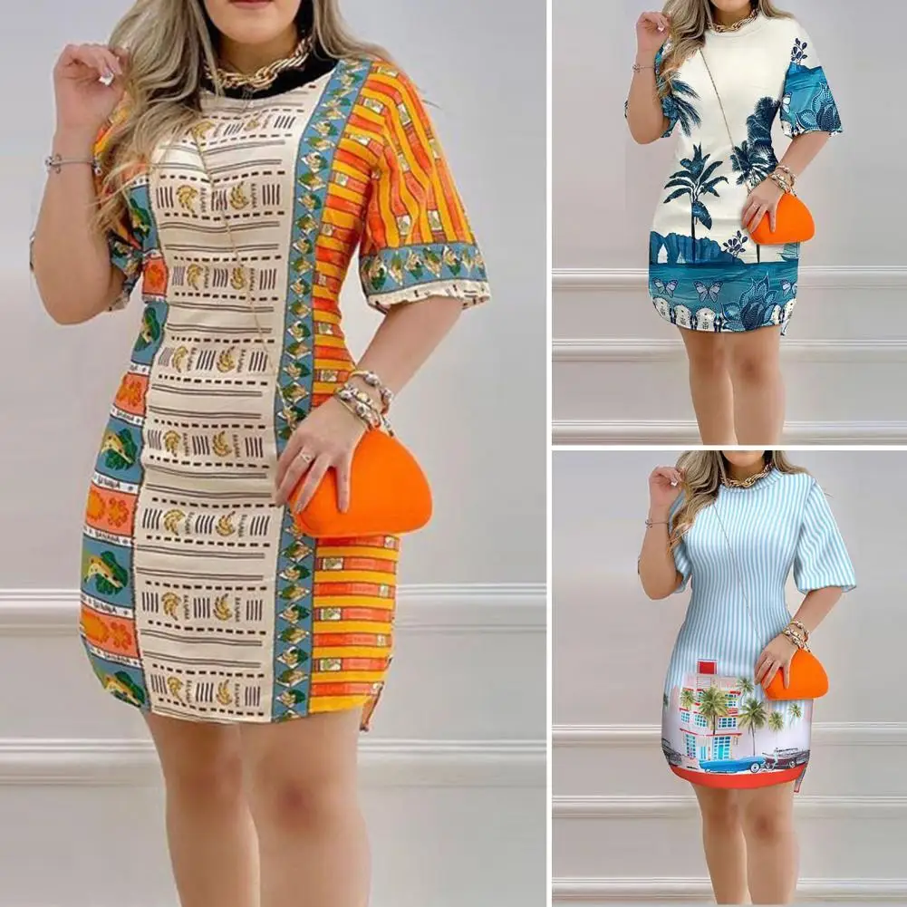 

Summer Women Casual O Neck Half Sleeve Puff Sleeve Print Asymmetrical A-line Large Hem Mini Dresses for women 2022 Vestidos