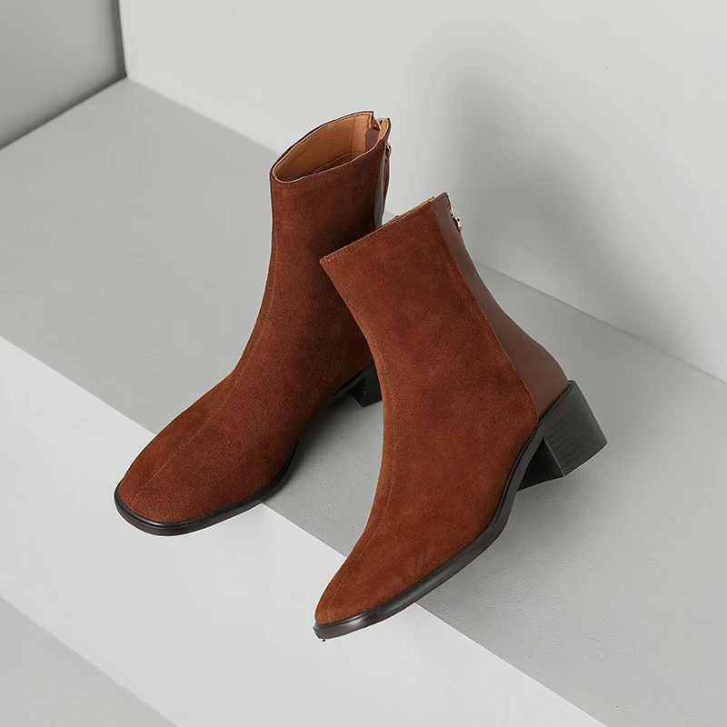 MythLuo Pumps Ankle Boots For Women Chunky Heels Boots Cow Suede Square Toe Mid Heels Back ZIP Office Ladies Casual Shoes Retro
