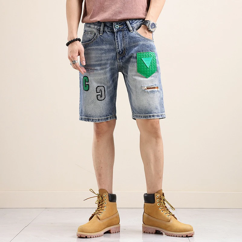 EH·MD® Leather Micro Chapter Embroidered Denim Shorts Men's Summer Light Blue Letter Decoration Cotton Slim Pants Trend High End