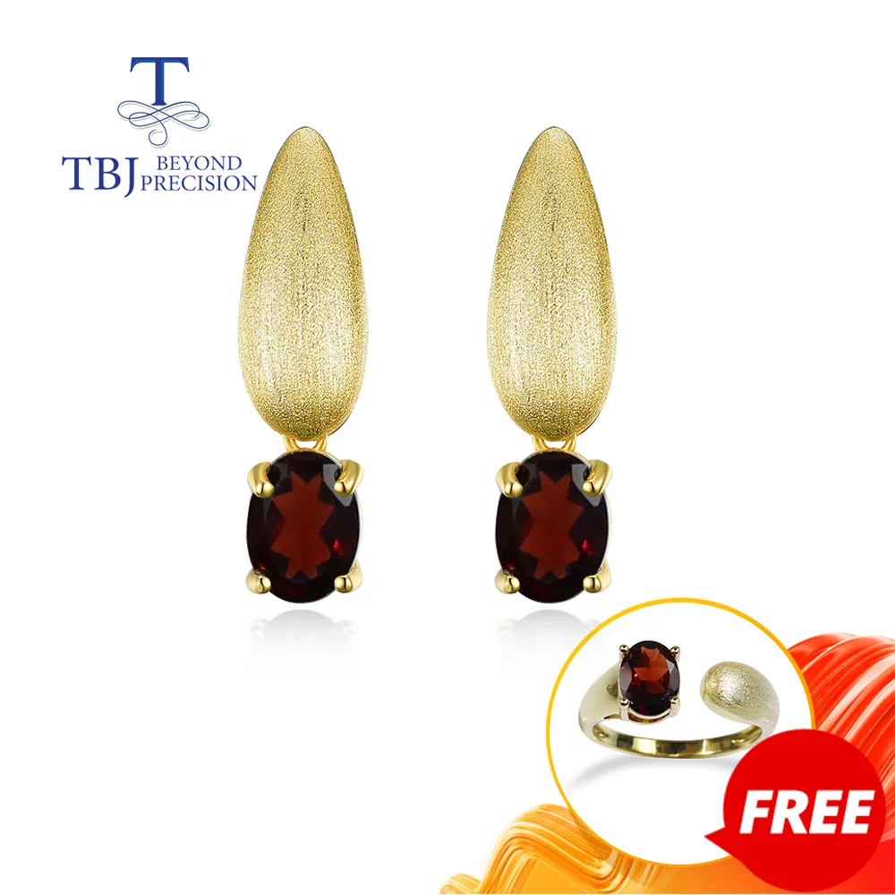 

Hot selling natural Red garnet oval 6*8mm gems vintage design women earrings 925 sterling silver yellow fine jewelry gift tbj