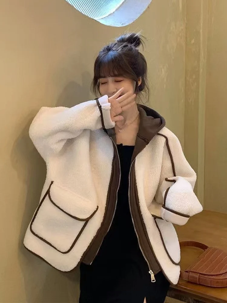 

Jmprs Chic Patchwork Faux Lamb Coats Women Sweet Long Sleeve Thin Fake Two Hoodies Elegant Loose Pockets Lady Design Jacket New