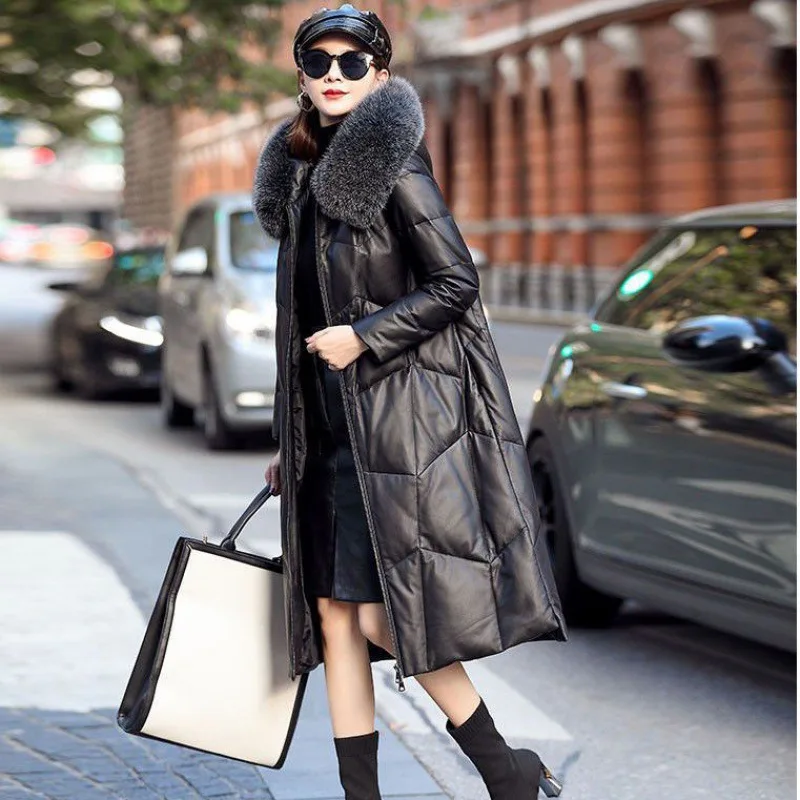 

Down jacket women's medium long autumn and winter new leather sheepskin leather coat fox fur collar coat thickened down