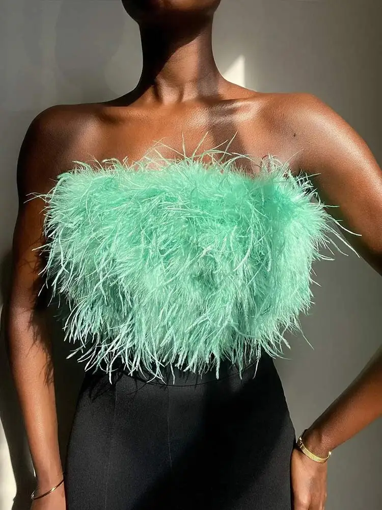 Пикантный пушистый укороченный топ Женская майка без бретелек с перьями Туника