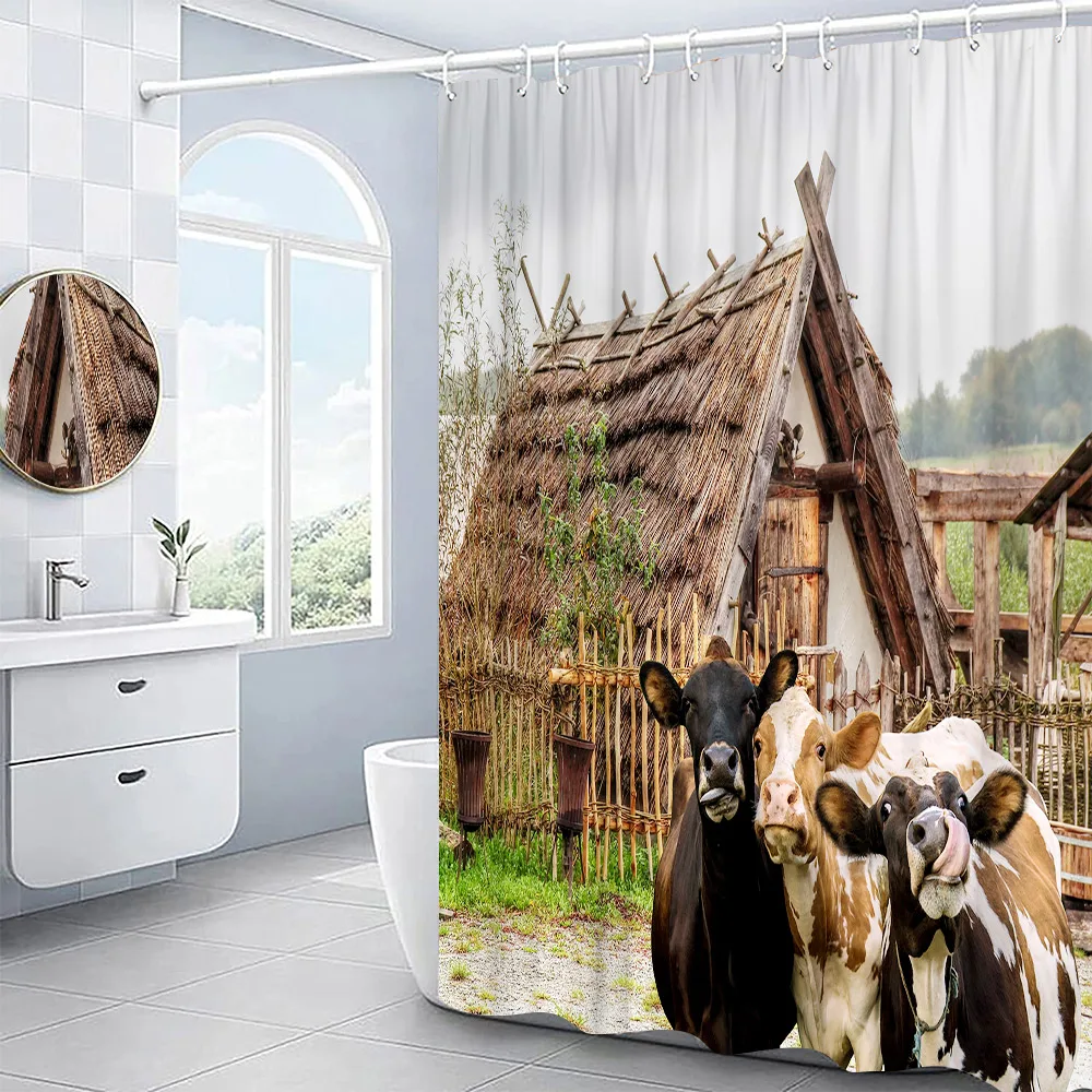Farm Cow Shower Curtains Rustic Farmhouse Funny Animals Cattle Wooden Fence Rural Landscape Printed Bathroom Curtain Decor Sets