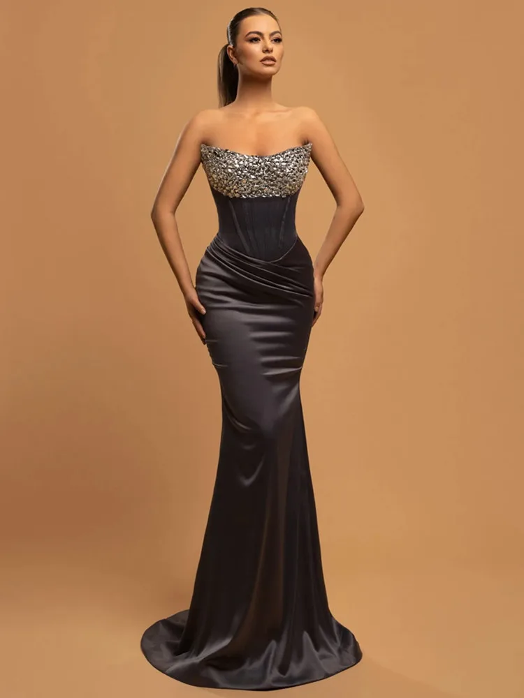 

Women Luxury Sexy Black Maxi Long Gowns Strapless Backless Sequins Beading Mermaid Dress Elegant Evening Party Club Dress