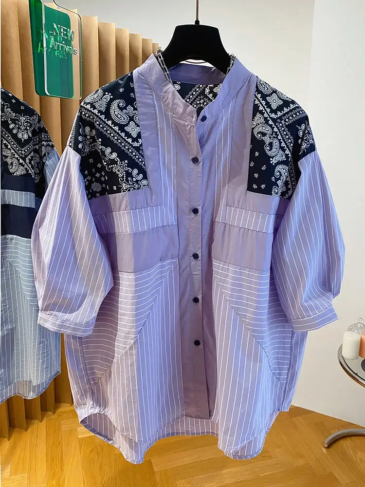 Женская рубашка в полоску с коротким рукавом Свободный Топ ретро стиле из хлопка