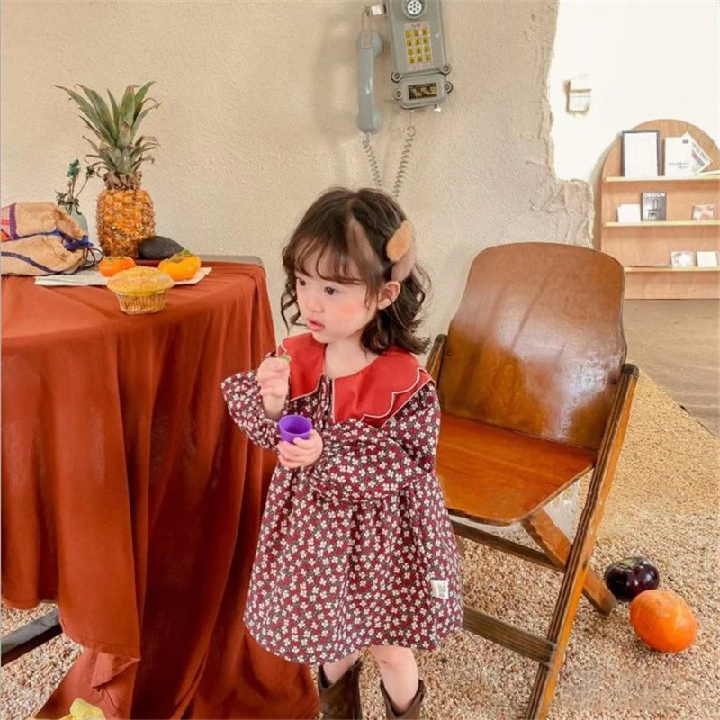 

Girls Princess Dresses Red Lapel 2022 Spring Kids Puff Sleeve Vintage Floral Dress 3-10 Years vestidos Children Casual Clothes
