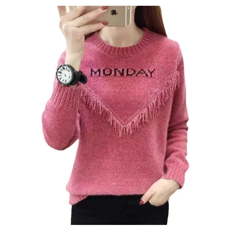 Chenille Sweater Women Autumn and Winter 2024 Popular Fashion Loose Inner wear Fleece-lined Thickened Knit Outer Wear Top