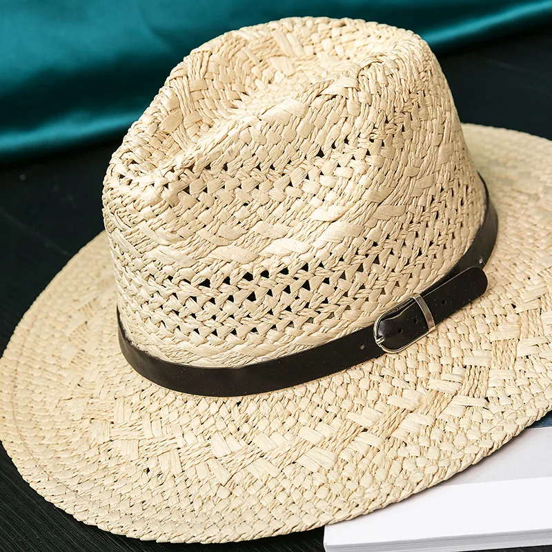 

202205-2509340 dropshipping summer handmade paper grass belt solid Gentleman Panama fedoras cap men women leisure JAZZ hat