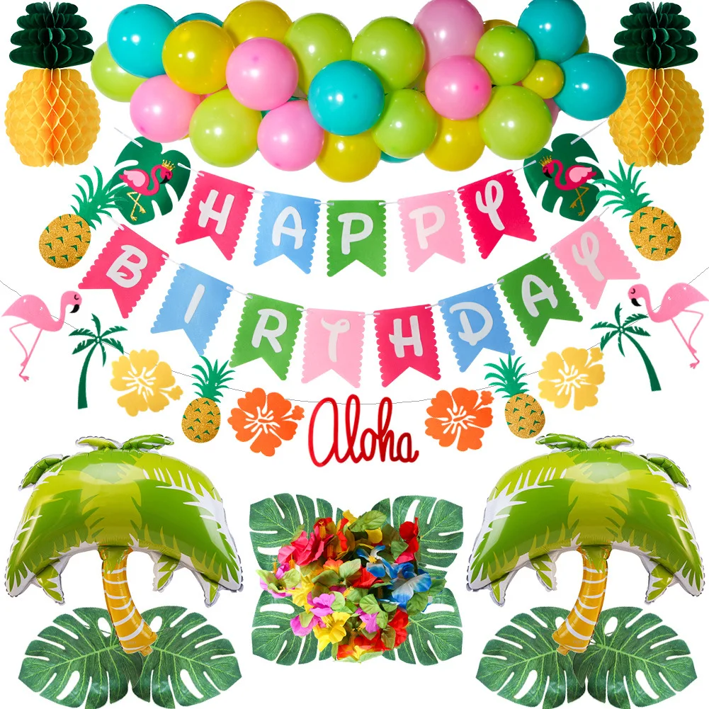 

39pcs of Hawaii Balloon set Aloha Happy birthday flag fake flower palm leaf foil latex balloons for DIY creative summer decor
