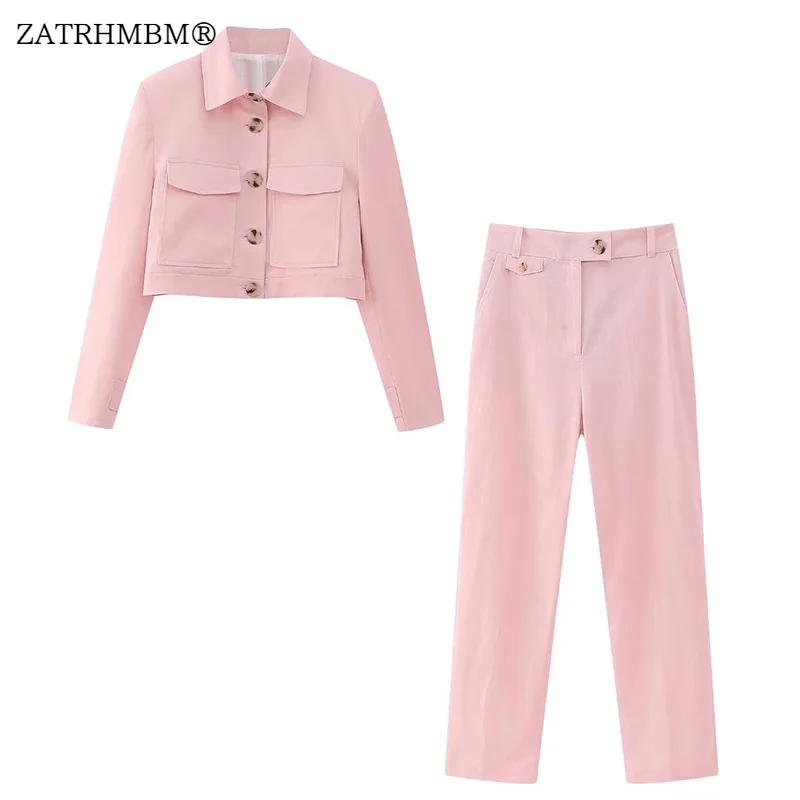 

ZATRHMBM женский 2023 шикарный модный однобортный розовый блейзер и боковые карманы брюки с высокой талией женские комплекты из двух частей Mujer
