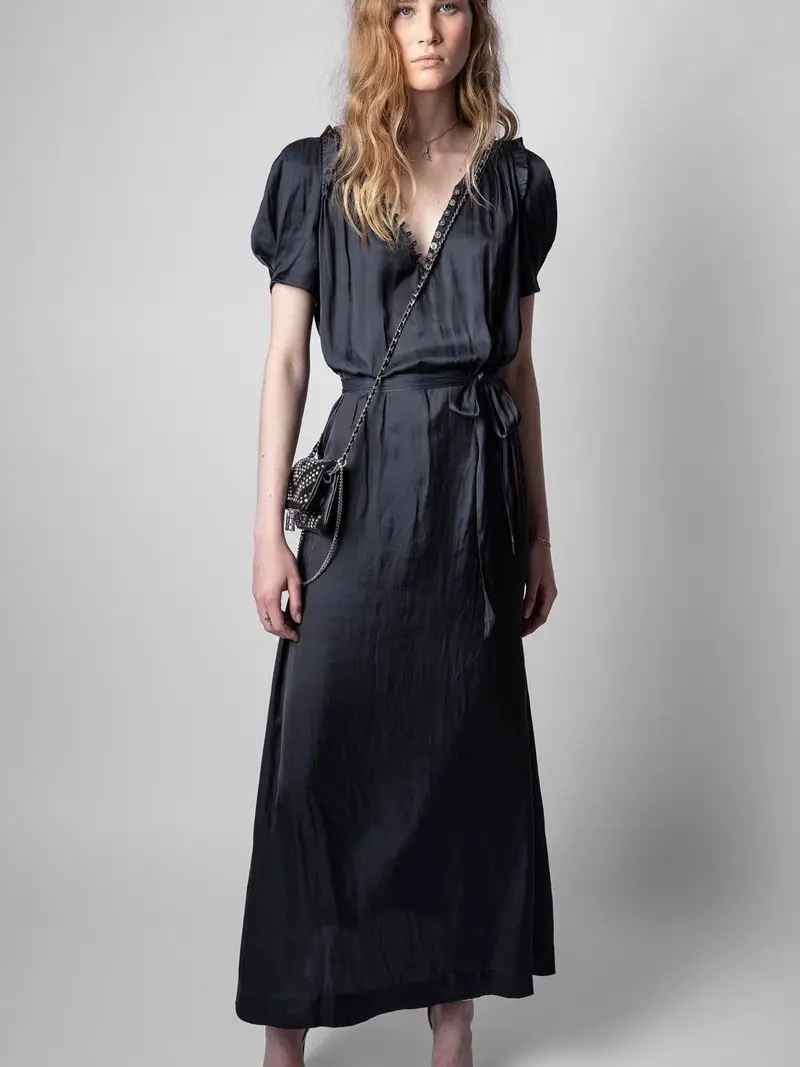 

Women's skirt 2022 summer new solid color V-neck short-sleeved puff sleeves loose belt waist long skirt