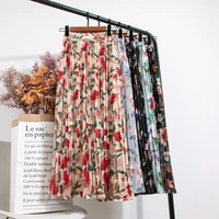 summer chiffon beach boho maxi women skirt high waist floral print vintage holiday ruched long fashion skirts faldas