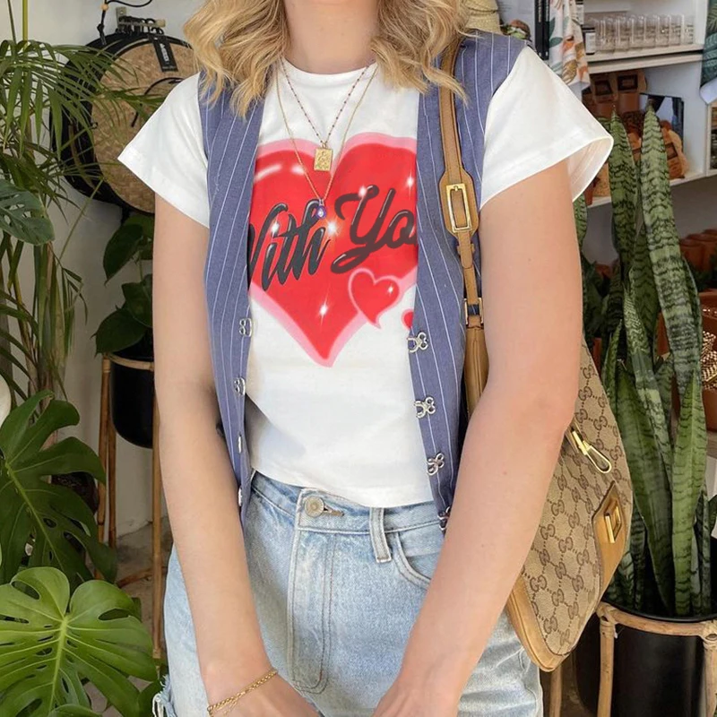 

WeiYao Summer 2022 Short Sleeve Y2K T-Shirts Women Heart Print Cute 2000s Streetwear O Neck Casual Vintage Cropped Grunge Tops