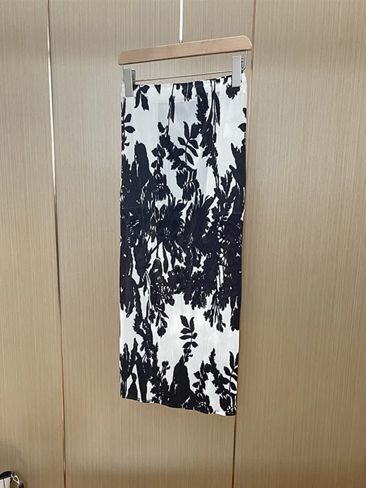 

Women's Tree Reflection Print Pleated Long Skirt Elastic Waist Slit Mid-Length Robe Lady 2022 Early Fall New Female Mid Skirt