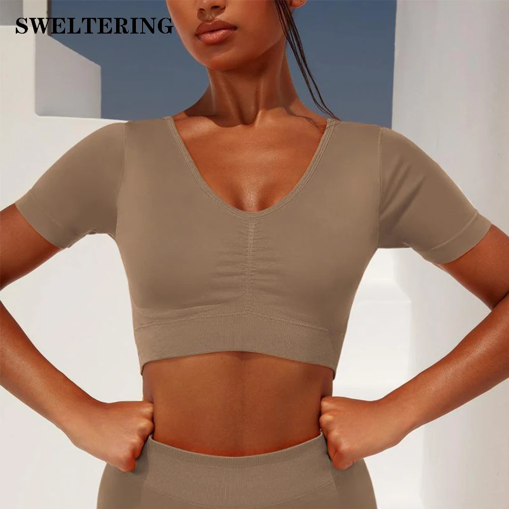 

Летние бесшовные женские рубашки для йоги, топы для тренировок с коротким рукавом, кроп-топ для фитнеса, топы для тренировок, одежда для спор...