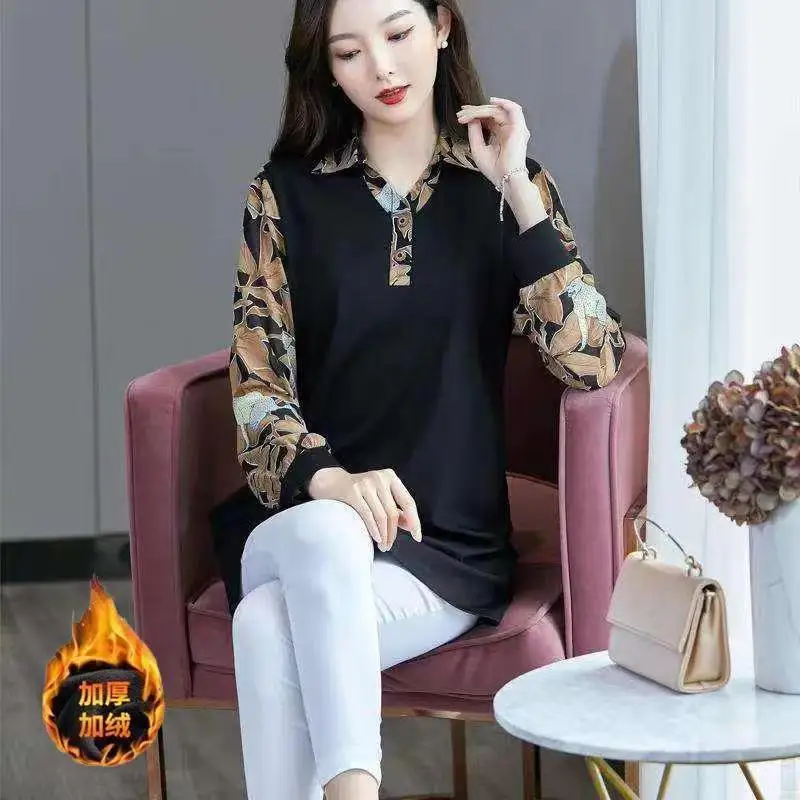 

Woman Patchwork T Shirt Female New Oversize Casual Print Tee Loose Long Sleeve Simple Tops Ladies Bottoming All Match Shirt G253