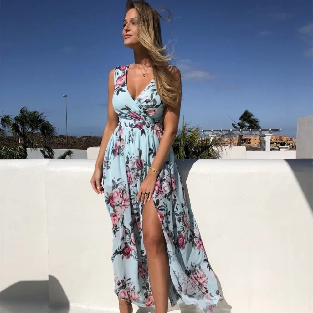 

2022 Summer Chiffon Dress Female V Neck Split Maxi Dress Long Women's Elegant Dress Beach Sexy Party Sundress Print Casual Robe