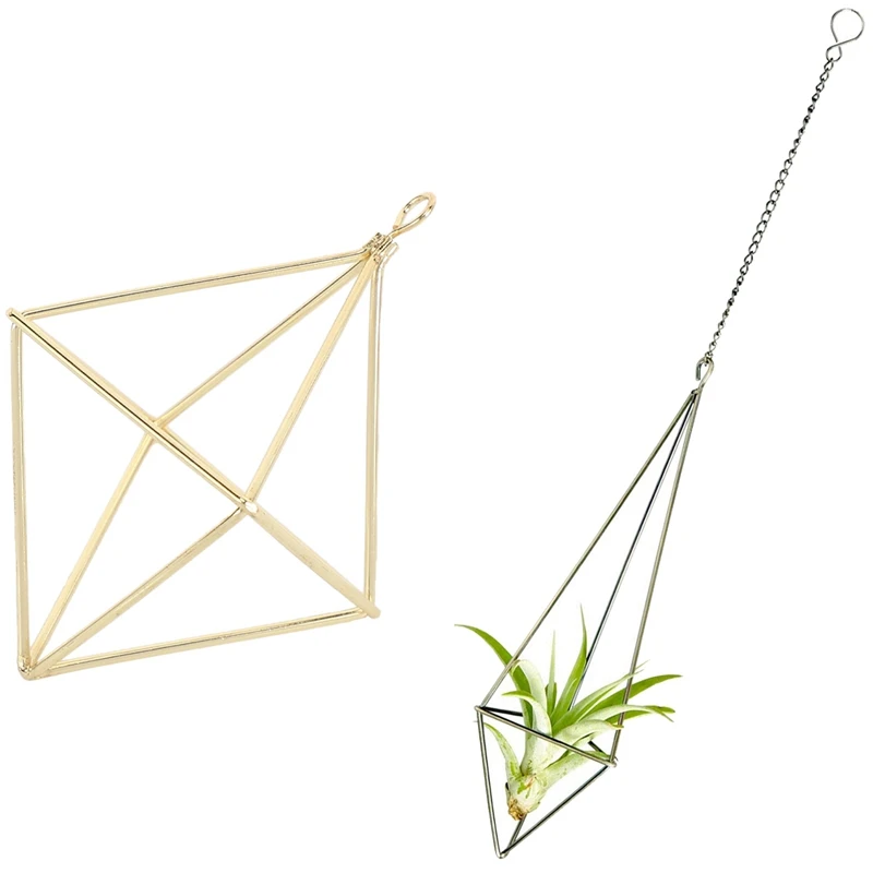 

2 Pcs Plant Holder For Tillandsia Display Geometric Planter With Chains Home Decor, Bronze & Gold