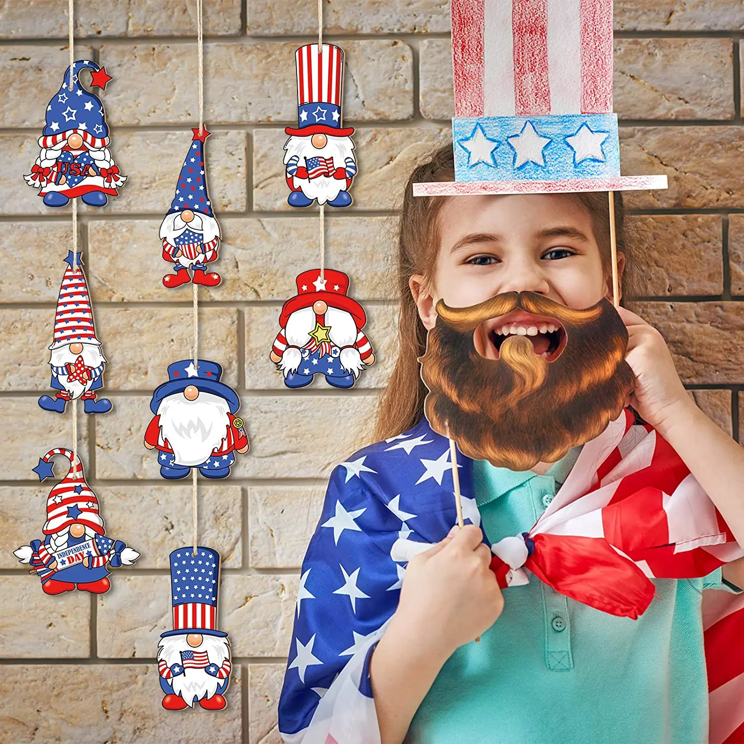 24Pcs Patriotic Gnome Wood Ornaments Independence Day Pendant Leprechaun for Home Decoration