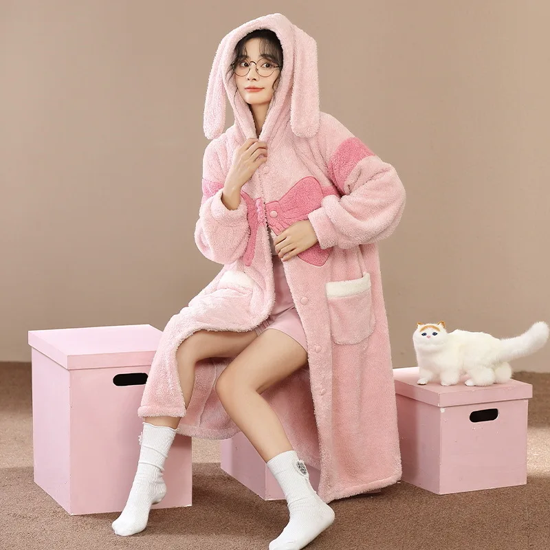 Women's pajamas winter coral fleece Sleepwear women's long robe nightgown women's winter loungewear